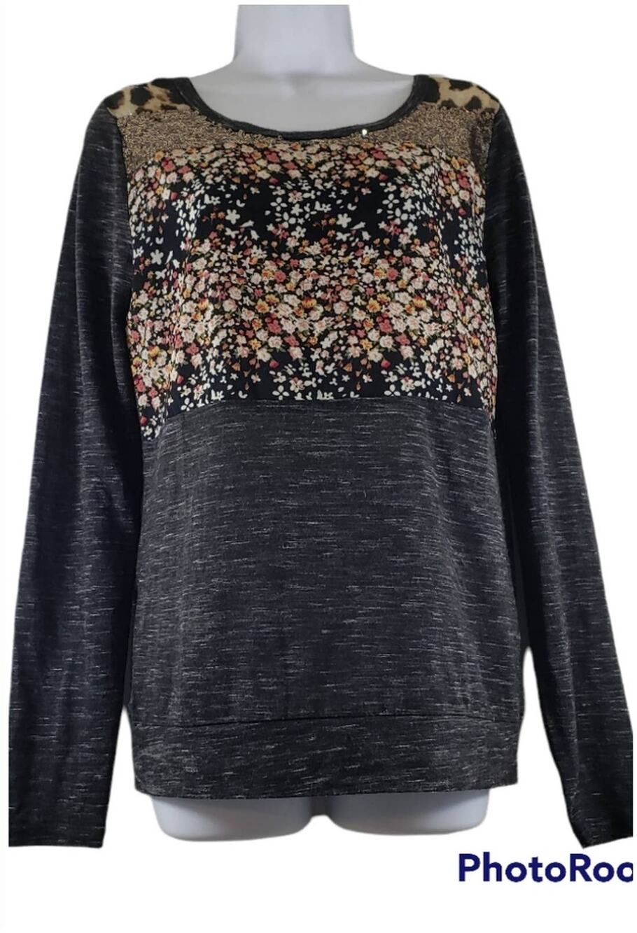 Miss Me Marled Cheetah Floral Sequin Long Sleeve Top Size Size Small